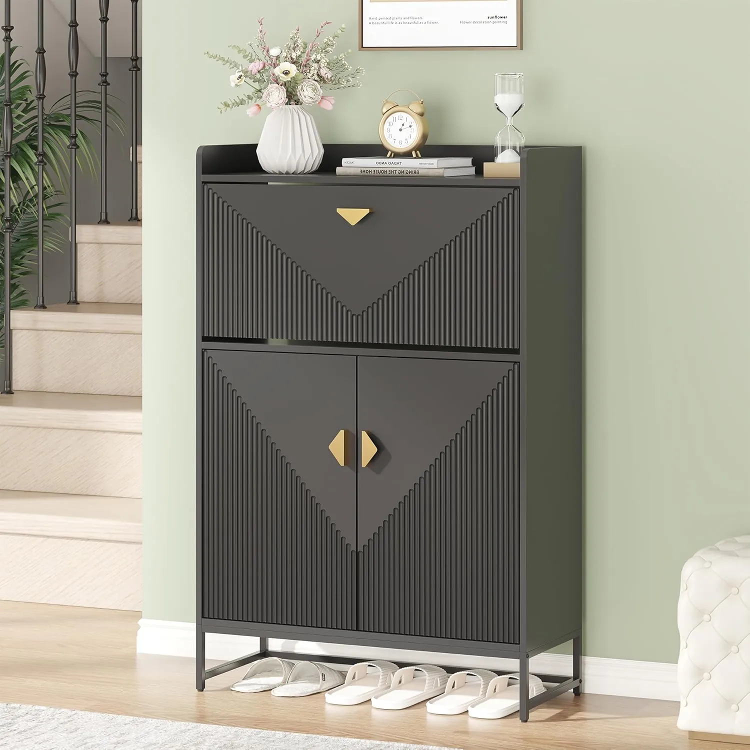 New ASSEMBLED Retails $439  Shoe Cabinet with Flip Drawer and Storage Shelves, Shoe Storage Cabinet with Doors, Modern Shoe Rack with Open Shelf, Wooden Shoe Rack Shoe Storage Organizer for Living Room, Hallway
