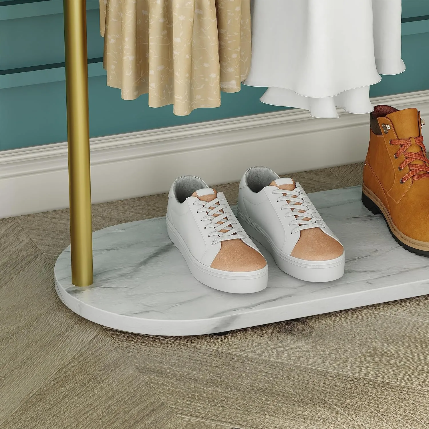 New in box! Gold Clothing Rack, Modern Clothes Rack with Marble Base, Heavy-duty Coat Racks Freestanding for Boutiques, Can Hang Jacket Garment, Hat, Scarf, Organize Shoes 31.5" W Retails $324 
