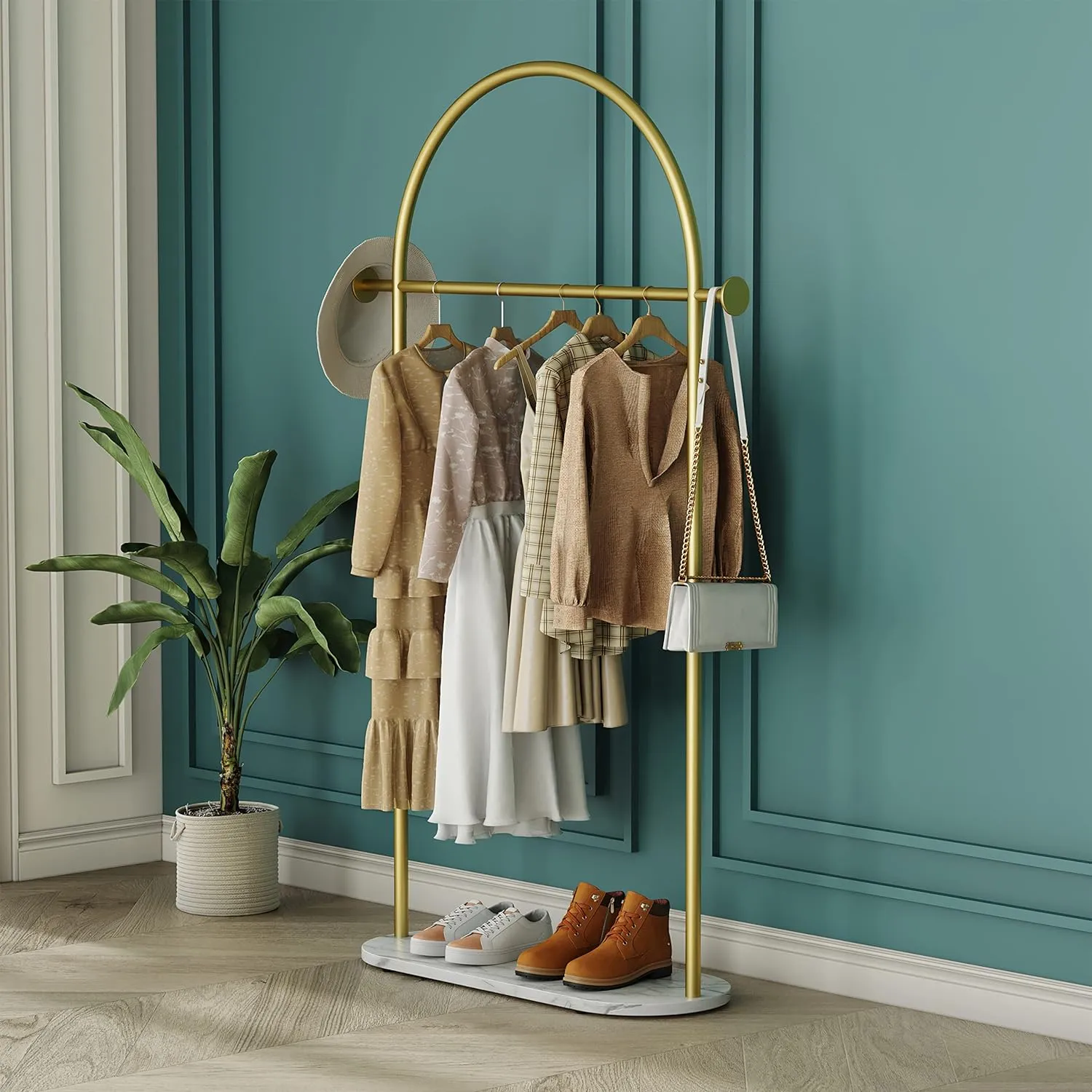 New in box! Gold Clothing Rack, Modern Clothes Rack with Marble Base, Heavy-duty Coat Racks Freestanding for Boutiques, Can Hang Jacket Garment, Hat, Scarf, Organize Shoes 31.5" W Retails $324 