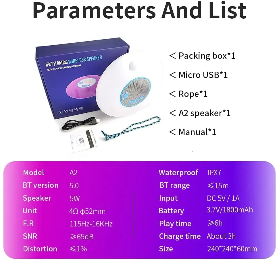 New in box! Portable Wireless IPX7 Waterproof Floating Bluetooth 5.0 Speakers with TWS Function 7 Colours Auto-Changing RGB LED Themes for Swimming Pool Party,Beach,Travel