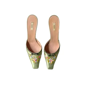 Prada Green Silk Embroidered Kitten Heels