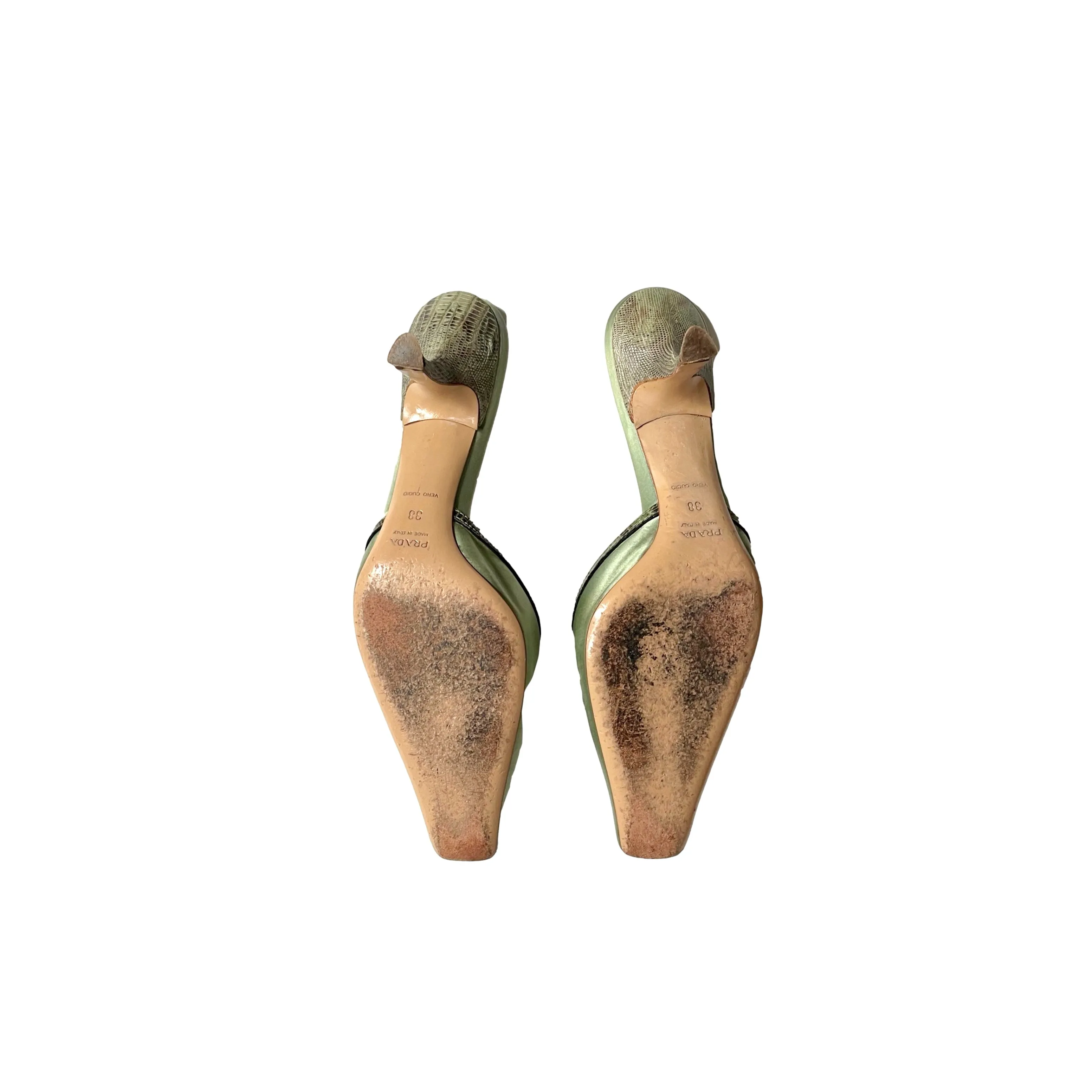 Prada Green Silk Embroidered Kitten Heels