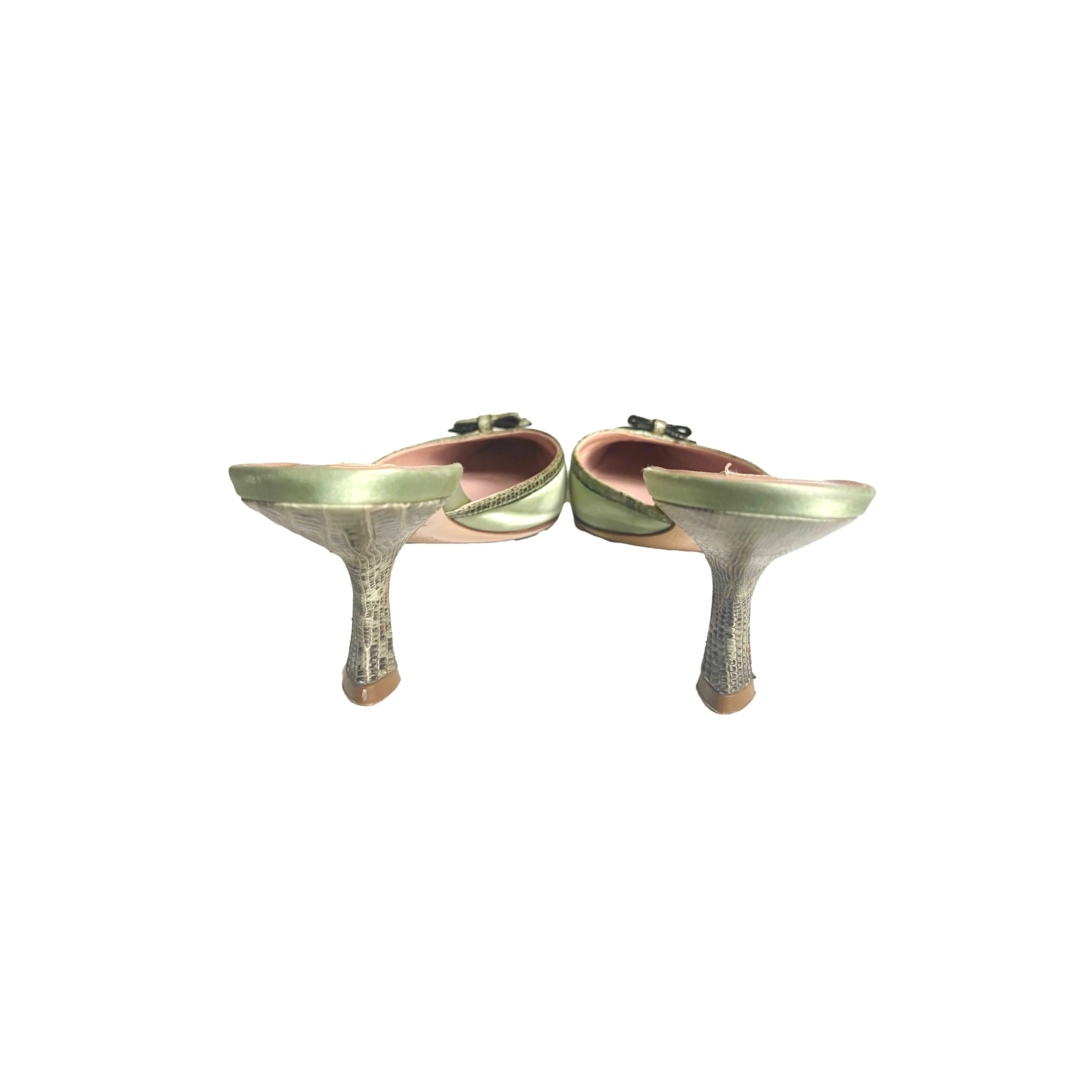 Prada Green Silk Embroidered Kitten Heels