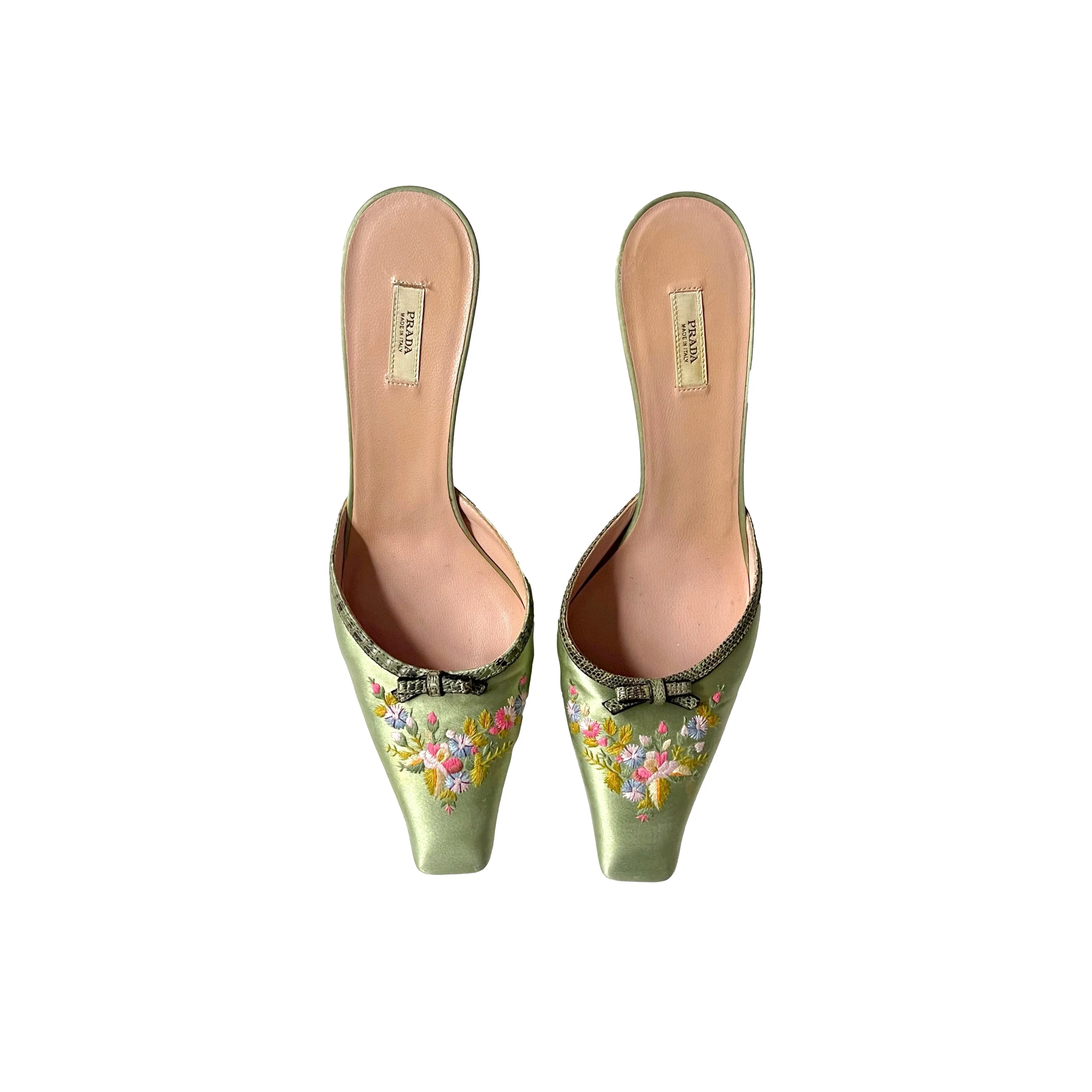 Prada Green Silk Embroidered Kitten Heels
