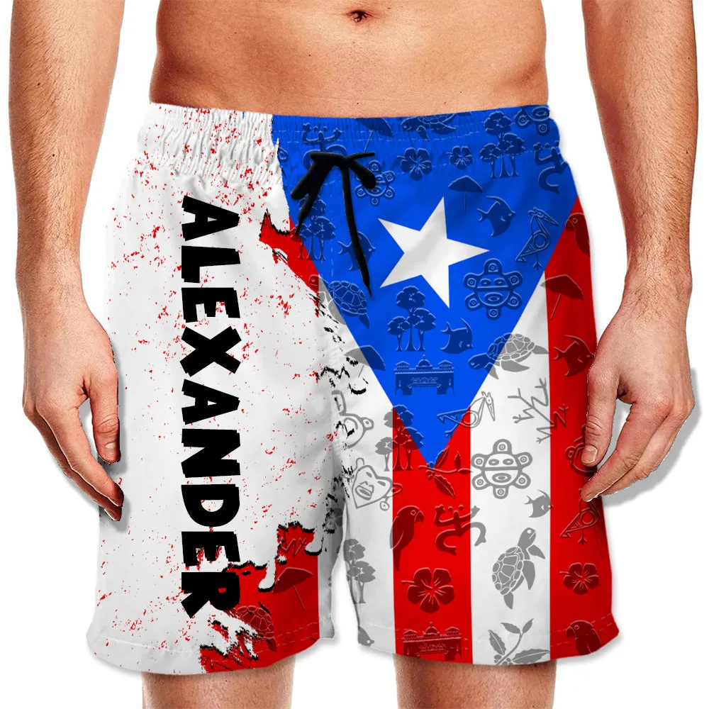 Puerto Rico Half Flag With Grunge Brush Men's Personalized Beach Shorts