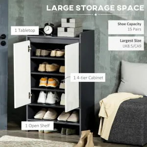 Retails $179  NEW Assembled, HOMCOM Modern Shoe Cabinet with High Gloss White Doors, Adjustable Shelves and Open Compartment, 15 Pair Shoe Storage Cabinet for Entryway, Hallway, Grey
