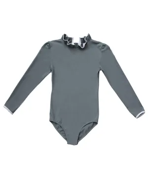Ruffle Neck Long Sleeve Swimsuit in Pebble Grey