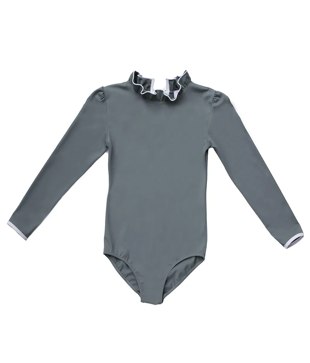 Ruffle Neck Long Sleeve Swimsuit in Pebble Grey