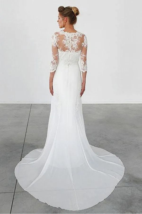 Scoop Sweep Train Chiffon Appliques Wedding Dress with Sleeves WD149
