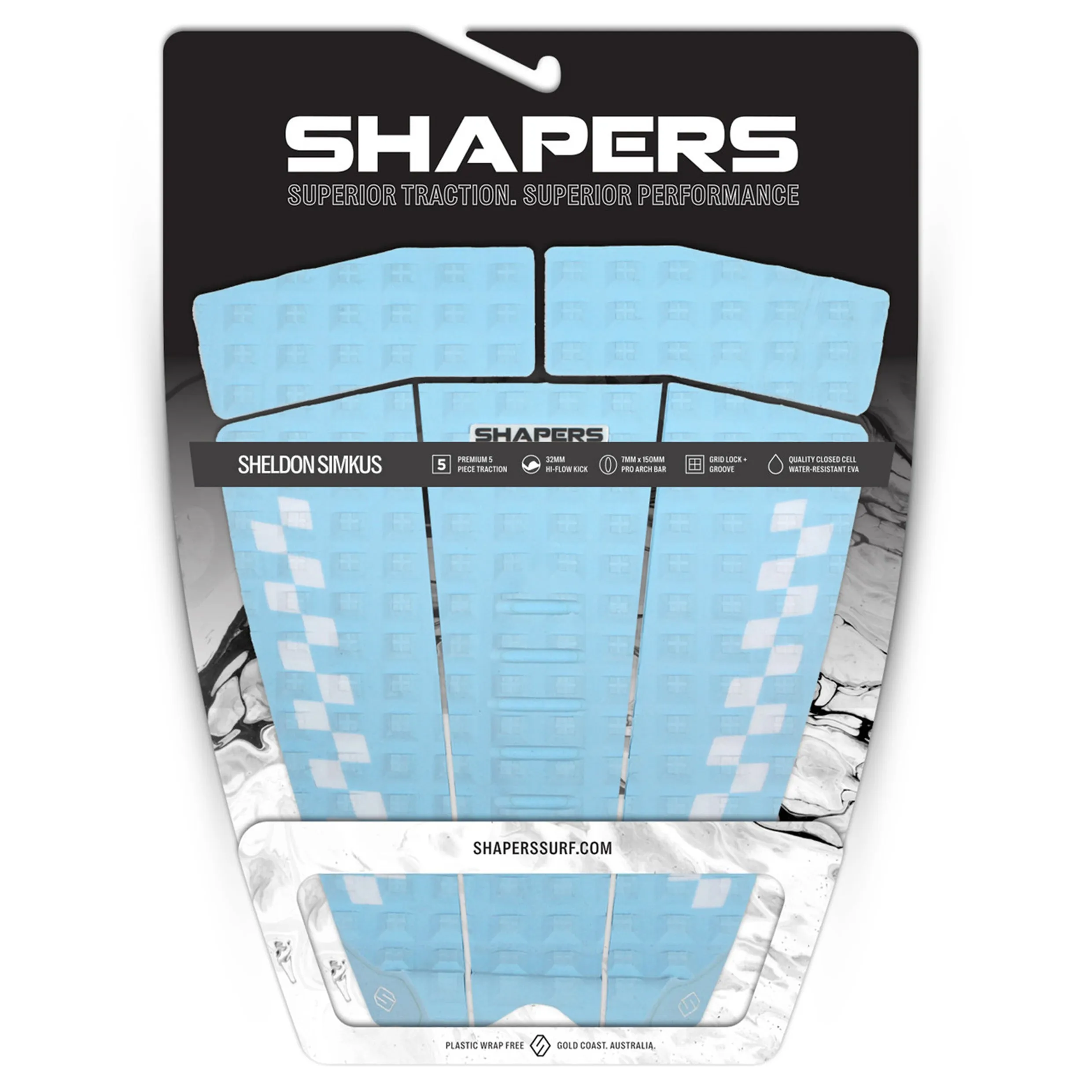 SHAPERS SHELDON SIMKUS PRO 5PCE SURFBOARD  GRIP BLUE WHITE