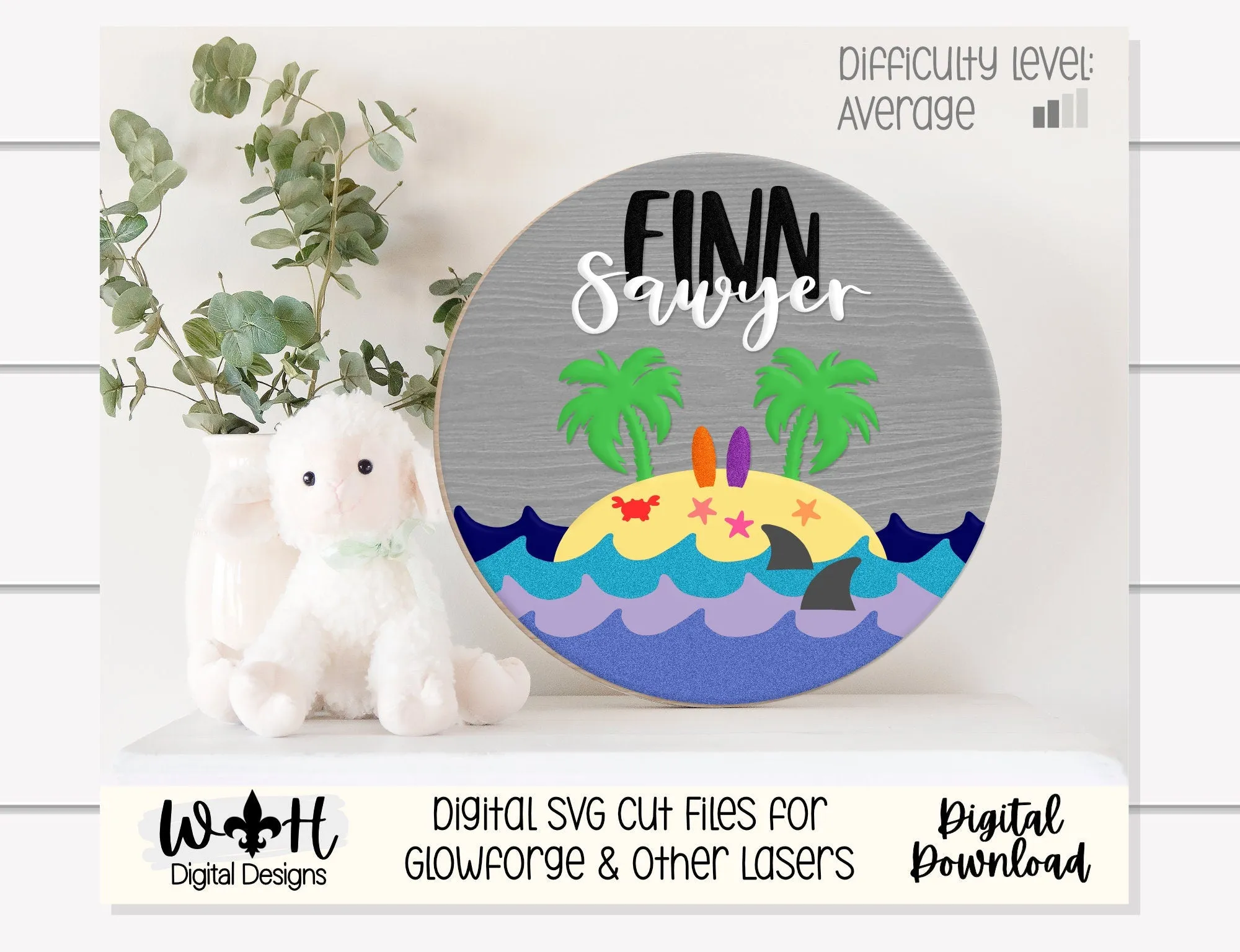 Surfing In Paradise Shark Island Baby Nursery Round - Sign Making Home Decor and DIY Kits - Cut File For Glowforge Lasers - Digital SVG File