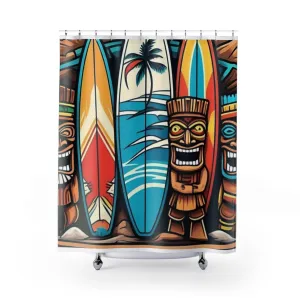 Tropical Surfing Shower Curtain with Tiki Design
