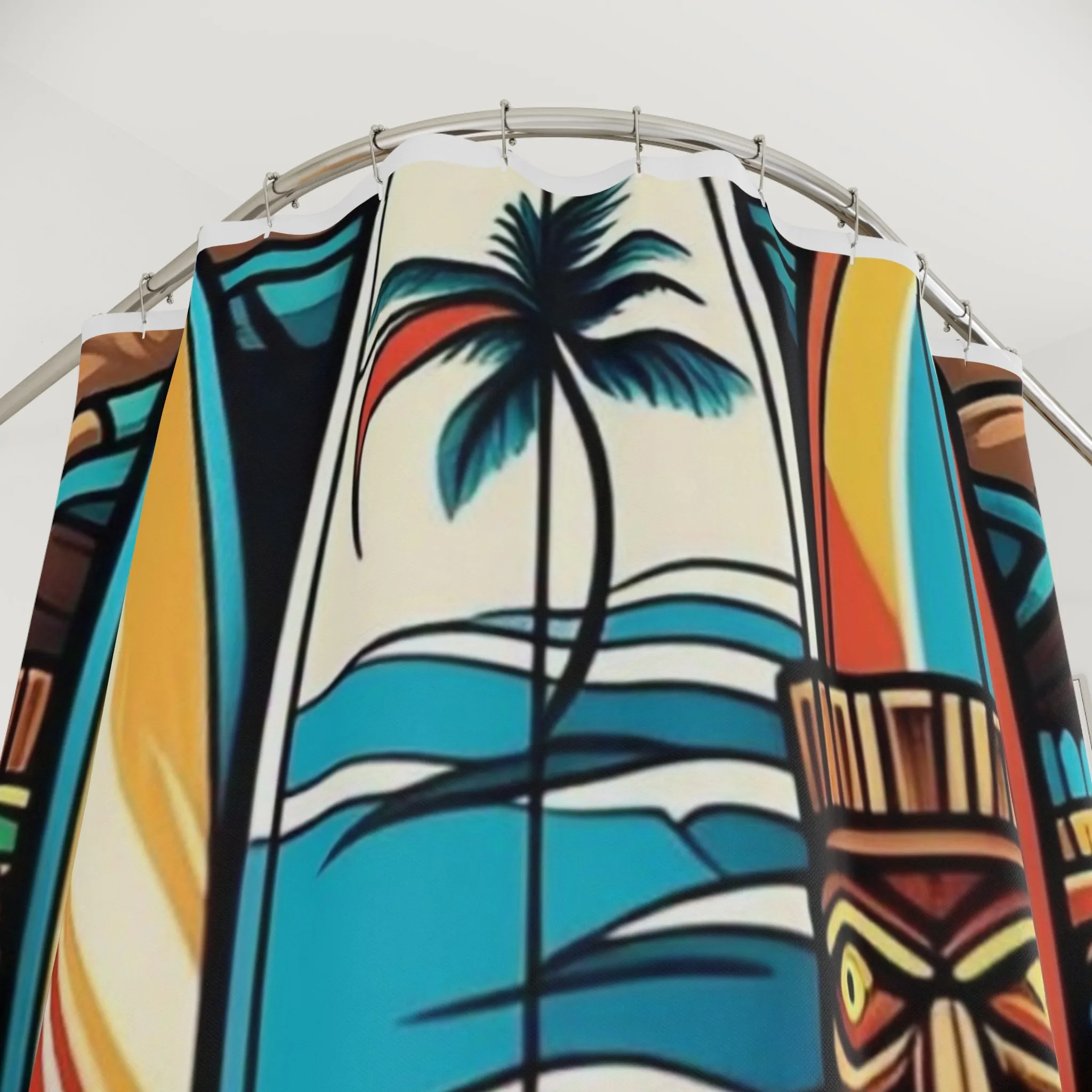 Tropical Surfing Shower Curtain with Tiki Design