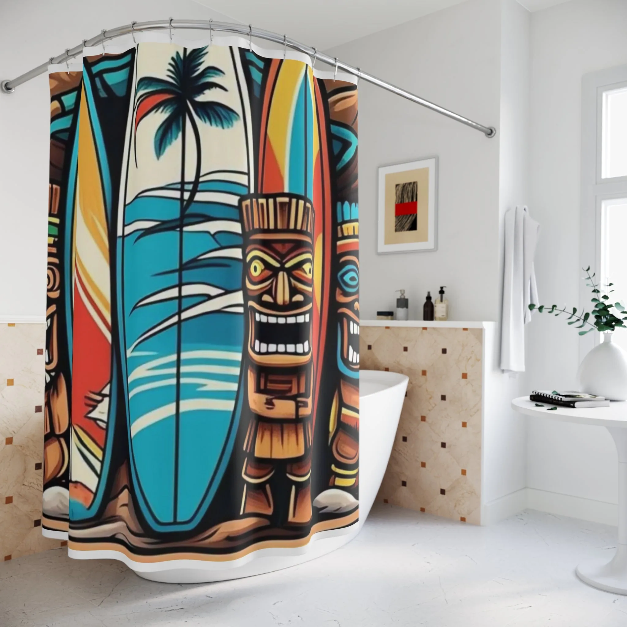 Tropical Surfing Shower Curtain with Tiki Design