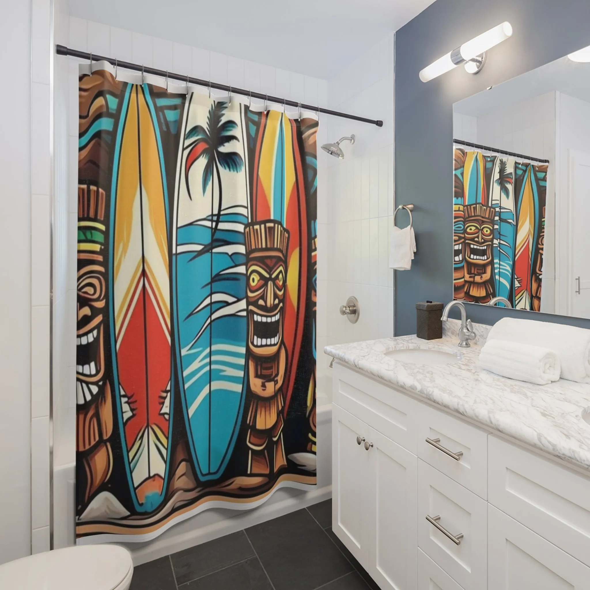 Tropical Surfing Shower Curtain with Tiki Design