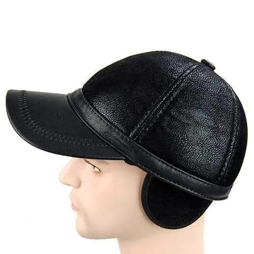 Unisex PU Leather Earflap Ear Muffs Baseball Cap Adjustable Fleece Lining Golf Windproof Outdoor Hat