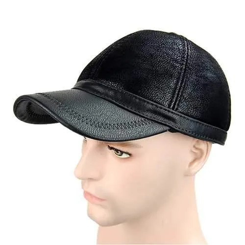 Unisex PU Leather Earflap Ear Muffs Baseball Cap Adjustable Fleece Lining Golf Windproof Outdoor Hat