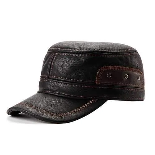 Unisex PU Leather Earflap Ear Muffs Baseball Cap Adjustable Plush Lining Golf Windproof Outdoor Hat