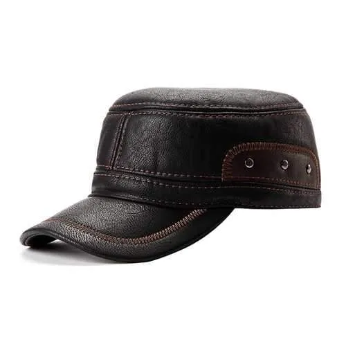 Unisex PU Leather Earflap Ear Muffs Baseball Cap Adjustable Plush Lining Golf Windproof Outdoor Hat